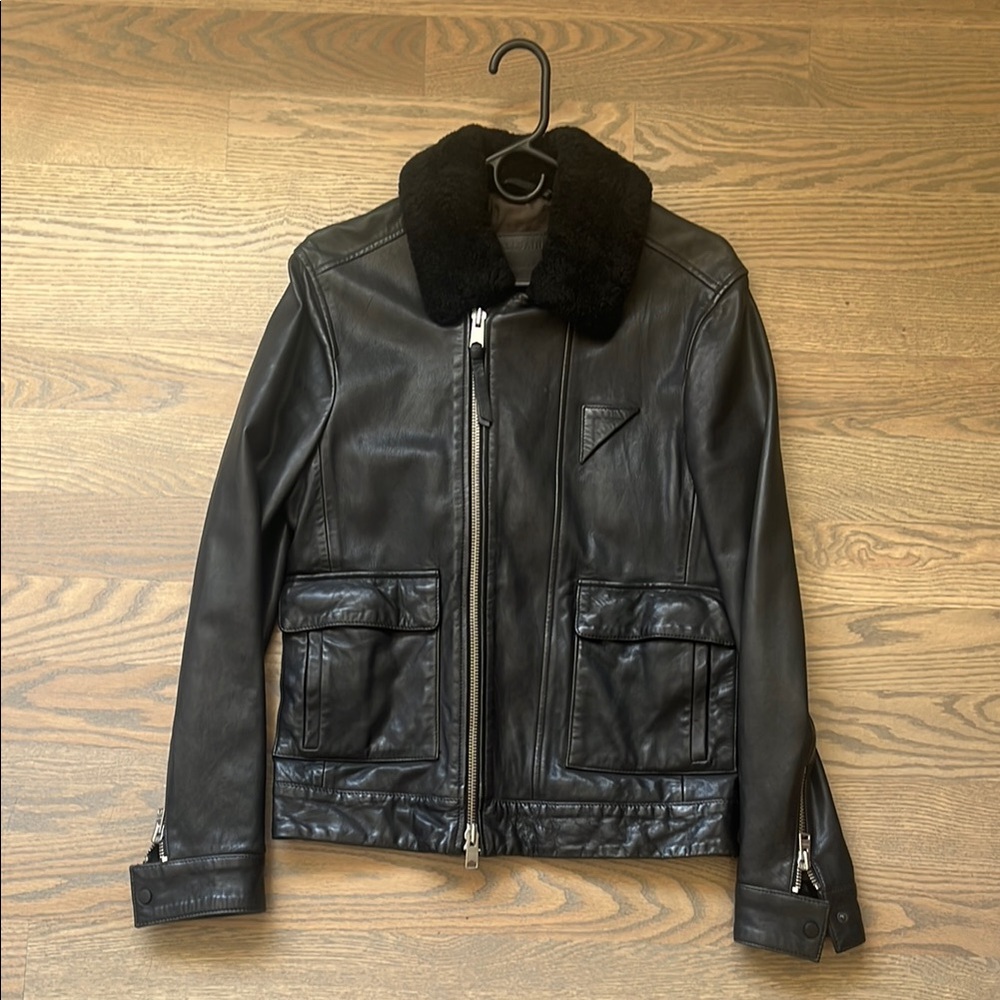 All Saints Leather Jacket with Shearling Fleece Collar